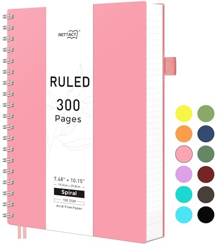 RETTACY B5 Wirebound Spiral Notebook, Lined Notepad, 300 Pages, Pink