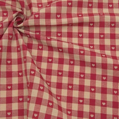 STOFFKONTOR Dekostoff Stoff bedruckt Landhaus Herzen - Meterware, Farbe Rot-Beige - zum Nähen von Tischwäsche, Kissen, Vorhängen, Dekoartikeln uvm.