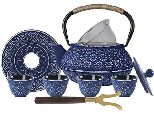 Ensemble Théière en Fonte Japonaise Bleue Avec Infuseur Amovible en Acier Inoxydable, Plaque Plate et 4 Tasses, Style Japonais Tetsubin pour Thé, Poignée en corde de sisal, Revêtement émaillé 1,2l