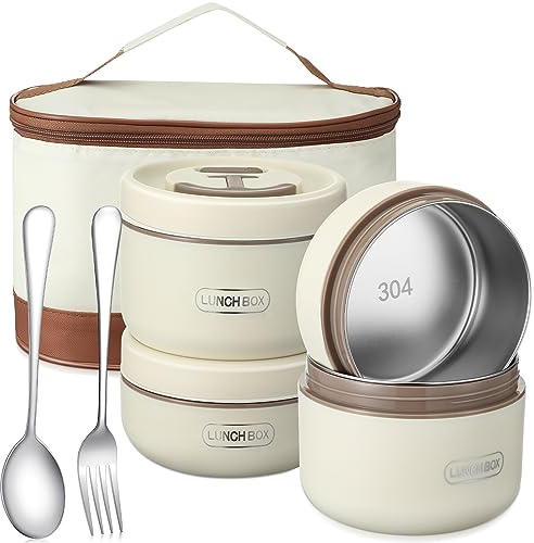 Dandat 4 Pcs Insulated Bento Box Portable Stainless Steel Food Container Round Stackable Leakproof Thermal Food Container for Adult Men Women with Insulated Bag, 74 oz(Beige)