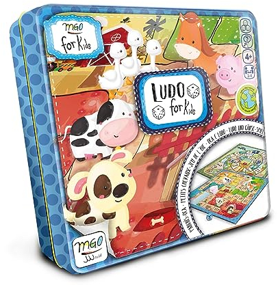 Mis primeros juegos, Ludo y el Juego de la Oca para niños y familias, juego clásico de mesa dentro de una caja de metal, fichas con temática de animales y dados de madera, para 2 a 4 jugadores