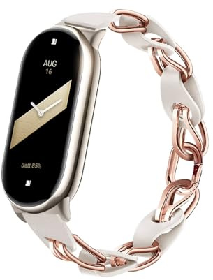 XIHAMA Compatible avec Xiaomi Mi Band 8/9 Bracelet de montre de rechange Design ajouré Anneau en acier inoxydable Chaîne en cuir Ceinture Mi Band 9 Bracelet élégant pour femme