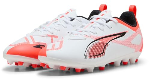 Puma - Ultra 5 Play MG JR, Zapatillas de fútbol Unisexo, Puma White-Puma Black-Glowing Red,