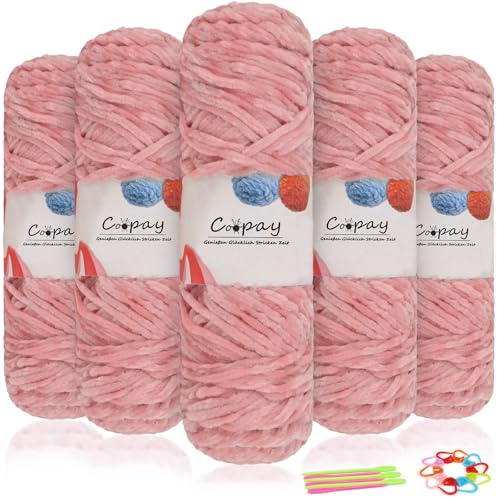 Coopay Laine Chenille Veloutée, 500g (5 x 100g), Pelote de Laine à Tricoter Douce, Épaisseur de 3mm, Super Moelleuse Fil Chenille Pour Crochet Tricot Écharpe, Couverture, Chaussettes - Rose Chair
