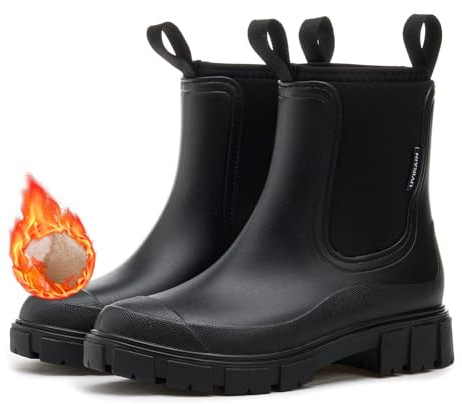 MIEHUIAI Bottes De Pluie Femme Chaudes Doublées de Fourrure Hiver Bottines Caoutchouc Imperméables Chelsea Bottines Antidérapantes Chaussures de jardin Wellies Rain Boots(Noir,40 EU)