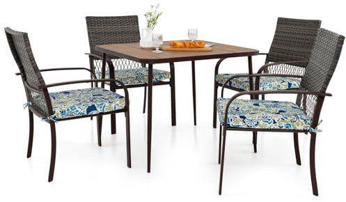 COSTWAY Polyrattan Gartenmöbel Set für 4 Personen, Tisch, 4 Rattanstühle & Kissen, Tischplatte aus WPC mit Schirmloch, Terrassenmöbel Set, Gartengarnitur, Sitzgruppe, Sitzgarnitur, Essgruppe