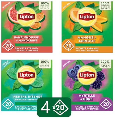 Lipton Thé Vert Aromatisé, 4 Saveurs, 80 Sachets Pyramid (4x20), Collection Fruits et Menthe