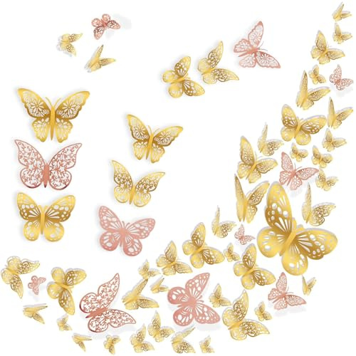3D Butterfly Wall Stickers, OIHCAZ 72PCS Butterfly Wall Decals, 3 Sizes&Patterns (Rose) Gold Wall Decor for Wedding Birthday Party Home Living Room, Girls&Kids Bedroom Accessories (Gold & Rose Gold)