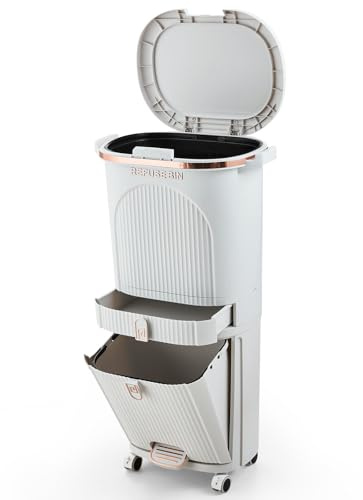 Warmiehomy Recycling Bins for Kitchen 42L Pedal Bin with Inner Bucket 3 Tier Trash Can with 3 Compartment Garbage Bin with Lid Vertical Waste Separation System with Wheels