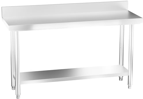 UISEBRT Arbetsbord i rostfritt stål med stående kant, köksbord i rostfritt stål med justerbara ben, skärbord för köksbord med extra stort nedre förvaringsutrymme, 150 x 50 x 85 cm, med upphöjd kant