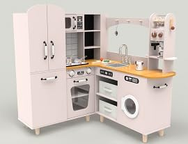 HOMASIS Cuisine en Bois d'angle avec lumières et Sons, Cuisine simulée avec cafetière, Four, réfrigérateur, boîtes de Rangement, pour Enfants de 3 Ans+ (Rose)