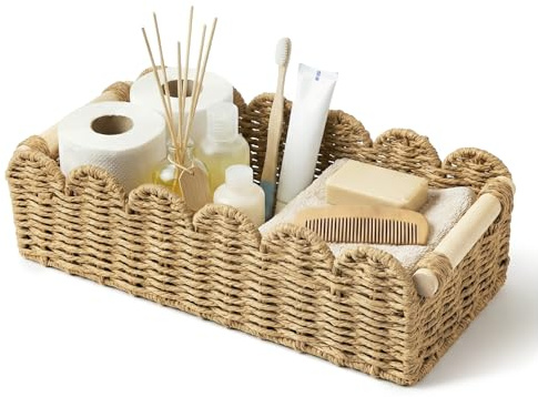 Storage Basket for Toilet Tank Top Scalloped Edge Woven Paper Rope Wicker Bin with Wooden Handles Cute Decorative Organizer Tray for Counter Shelf & Decor Includes Small Box Neutral