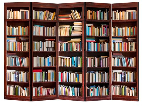 LUMASOUL Paravento Bifacciale in Stile Libreria - Separe Divisorio Interno 5 Pannelli - Divisorio per Ambienti - Divisori per Interni Motivo Bibliotecario - 225x172cm