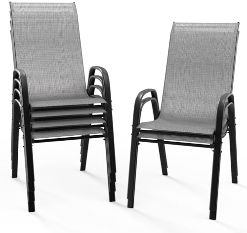 Bonnlo Stapelbare Gartenstühle 6er Set, Outdoor-Essstühle, Wetterfeste Stapelstühle mit Atmungsaktivem Textilene, Robustes Metallgestell, für Balkon, Terrasse & Garten, bis 180 kg, Grau