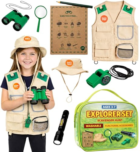 Born Toys Explorer Costume Kids Ages 3-7, Zoo Keeper Costume for Kids Safari Outfit, Toddler Outdoor Dress Up & Pretend Play Set with Safari Vest & Hat - Real Magnifying Glass, Flashlight & Binoculars