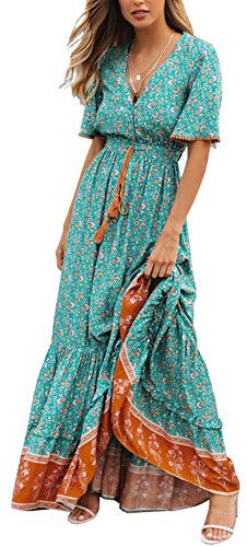 R.Vivimos Damen Sommer Boho V-Ausschnitt Button Up Kurzarm böhmischen Print Rüsche Rand Strand Stil Lange Maxi Kleid Berufungskleid (Grün, XL)