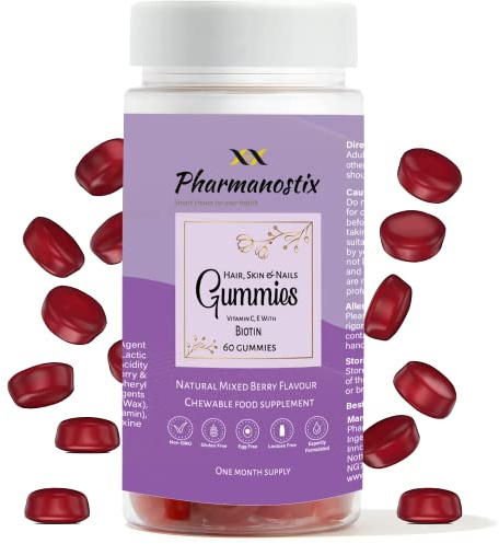 Hair, Skin & Nail Beauty Gummies - Biotin, Zinc, Vitamin D3, Selenium, Vitamin C - Vegetarian Berry Chewable Gummies - Gluten, Dairy, Soy & GMO Free (60 gummies)