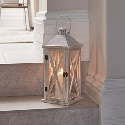 Lights4fun Lanterna Decorativa in Legno di 42 cm con Candela LED TruGlow® a Pile per Arredo Interni