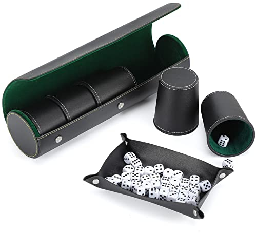 KINMVIP Würfelbecher Set + 25 Würfel + 1 Klapptablett Exklusive Aufbewahrungs- und Transportkoffer aus Kunstleder mit Magnetverschluss