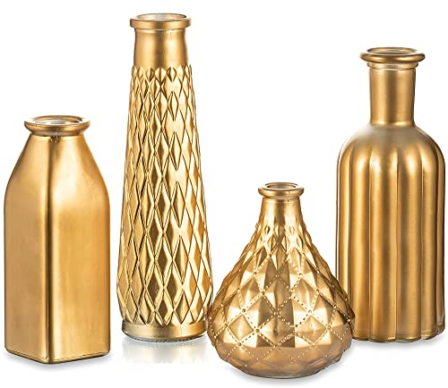Hewory Gold Glass Vase for Flowers, Gilded Bud Vase Set for Table Centrepieces, Gold Ornaments Flower Vases for Living Room Wedding Home Decor, 22/19.5/16/12.5 cm