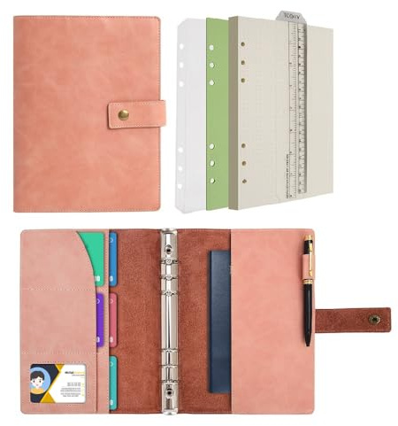 Wonderpool Carpetas Diario de cuero Cuaderno recargable Diario en espiral - Papel de cuadrícula de puntos y bolsillos interiores de cuero real para viajes escolares Trabajo (Rosa, A5)