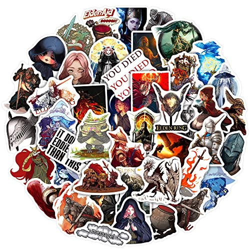 Elden Ring Aufkleber 50 Stück Wasserdichte Cartoon Animation Aufkleber für Laptop Skateboard Handyhülle Computer Gepäck Wasserflasche Fahrrad,Vinyl Der Ringe Spiel Stickers für Erwachsene Kinder