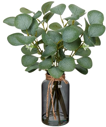 Hollyone 35CM Artificial Eucalyptus Stems in Glass Vase with Faux Water, 14 Fake Plant Faux Eucalyptus Leaves for Home Decor, Living Room, Bedroom, Office, Wedding Centerpiece Decorations