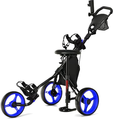 GOPLUS Chariot de Golf à 3 Roues,Voiturettes Golf à 3 Roues Pliable, Pousser Tirer Deluxe, Chariot de Golf Manuel, Ouverture Facile, 130x75x98,5-115,5cm (Bleu)