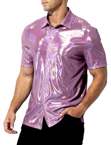 Casey Kevin Men's Short Sleeve Shirt Shiny Metallic Collared T-Shirt