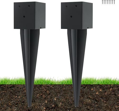 2 Pcs 4 x 4 Fence Post Anchors Ground Spike (Actual 3.6 ” X 3.6”)，Heavy Duty Metal Fence Stakes Post Base 16'' with Black Powder Coated Support for Mailboxes, Fences, Trellis Posts, Banners.