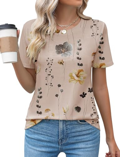 Rapbin Womens Casual Crew Neck Short Sleeve Pleated Tops Blouses Fashion Clothes 2026,Khaki Floral,S