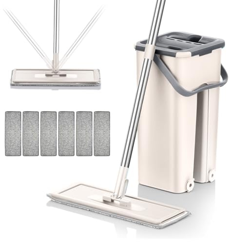 Mopa Multifuncional para Azulejos Paredes y Suelos con Cubo Escurridor Sistema Autoescurrible Cepillo 6 Almohadillas de Microfibra Trapeador Escurre Fácil Mop Ventanas Limpieza Tarima Atrapa Polvo
