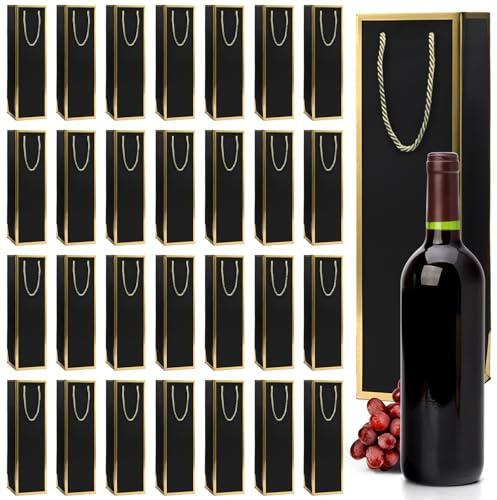 AKOLAFE 30 Stück Flaschen Geschenktüten Kraftpapier 9,5x9x35cm Flaschentüten Verpackung Weintüte mit Henkel Weintaschen Weinflaschen Tüten für Weihnachten, Hochzeit, Fest (Schwarz mit Goldbesatz)