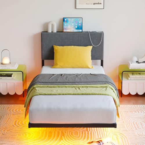 HOMERECOMMEND Einzelbettgestell mit LED-Licht, 90 x 200 cm, schwimmendes Bettgestell mit Ladestation, gepolstertes Bettgestell, Einzelbett mit Stauraum, 90 x 200 cm, Dunkelgrau