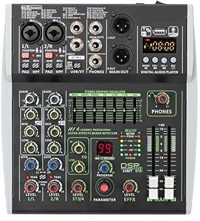 Mixer audio Scheda audio Mini 4 canali Mixing Console Individuale +48V 99 Effetti DSP USB Computer Riproduzione e registrazione Mixer