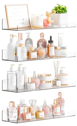 Yieach 4 Pack 15 Acrylic Shelves for Wall,Bathroom,Bedroom - with Adhesive - No Drilling Clear Floating Shelves for Funko Pop,Lego,Action Figures,Nail Polish,Perfume Shelf and Wall Storage & Display