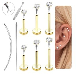 Habselikob 18G/16G Piercing Tragus Acier Chirurgical- Or/Argent Piercing Labret Levre Hypoallergénique Filetage Interne Piercings Helix Conch Nez Oreille pour Femme