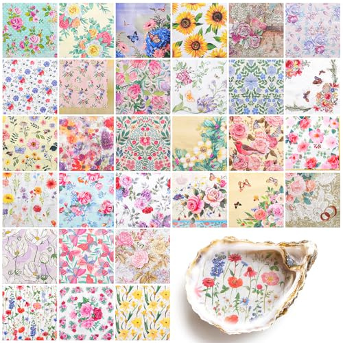 NatNarr 30 Pack Decoupage Napkins, 30 Styles Assorted Floral Napkins Decorative Decoupage Toile Napkin Floral Cocktail Napkin for Mothers Day DIY Crafting Spring Party, 13 * 13 Inch