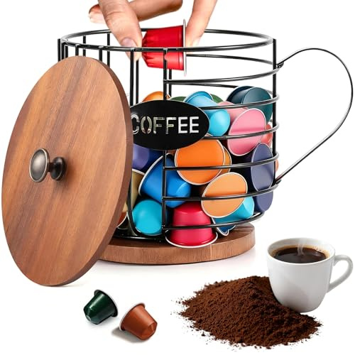 Soporte Cápsulas de Café con Base Madera & Tapa, Cesta Almacenamiento Filtro Grande, Organizador Accesorios Barra de Café Frutas Decoración Redonda Metal Negro para Encimera Cocina, Mostrador, Hogar