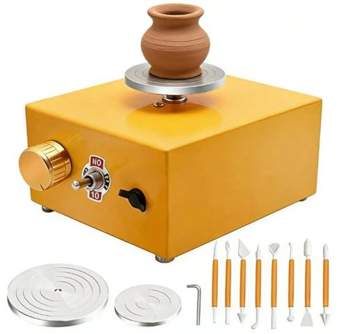 Mini Torno Eléctrico para Cerámica, Máquina de Cerámica con Velocidad Ajustable de 2000RPM, Kit de Cerámica de Escritorio con Platos Giratorios de 10cm y 6.5cm, Herramientas de Escultura yellow