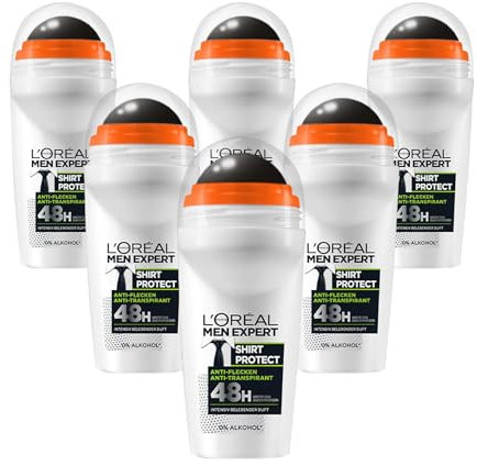 LOréal Men Expert Desodorante para hombre, desodorante antimanchas con un aroma intensamente vigorizante que proporciona hasta 48 horas de frescura, Shirt Protect, 6 x 50 ml