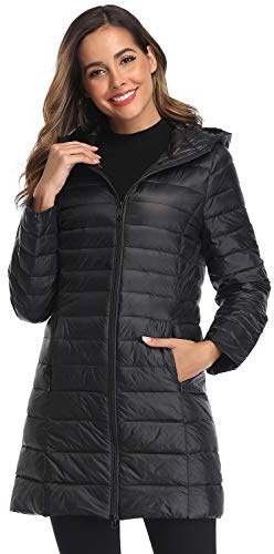 Obosoyo Women's Winter Packable Down Jacket Plus Size Lightweight Long Down Outerwear Puffer Jacket Hooded Coat Black 2XL