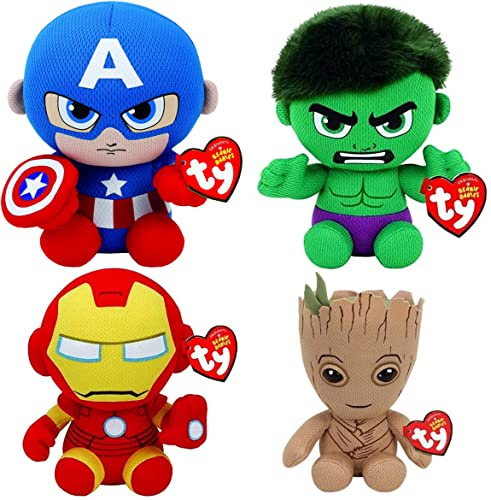 Marvel TY 4-teiliges Superhelden Plüsch Set - 15cm: Iron-Man, Captain America, Hulk, Groot