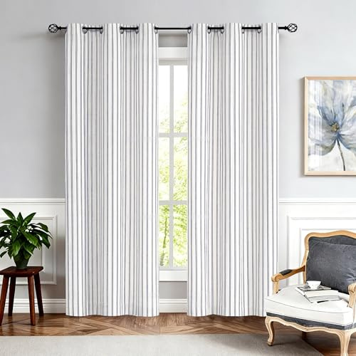 Randall Rustic Style Farmhouse Semi-sheer Tcking Stripe Curtain Light Filtering Luxury Soft Grommet Linen Blend Yarn Dyed Heavy Window Drape for Living Room/Bedroom/Nursery,2-Pack 38Wx84L,Blue/White