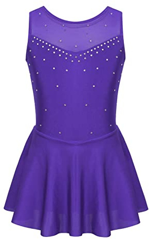 Aislor Niñas Vestido de Patinaje Artístico Maillot de Gimnasia Elástico sin Mangas con Diamantes Leotardo de Baile Traje Ropa de Patinador Vestido de Danza Violeta 9-10 años