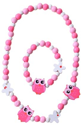 Meet-shop en Bois Coloré Enfants Ensemble de Bijoux,Princesse Collier Bracelets Set Chouette Perles Collier et Bracelet Cadeau pour Les Filles Fête d'anniversaire Habillage Accessoire