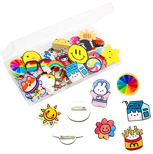 Cinvo Juego de 40 pines acrílicos para decoración a granel, bonitos pines de solapa de dibujos animados, broches de bloqueo, gorras de bricolaje (40 estilos surtidos), Acrílico