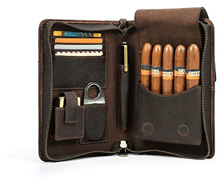Hiram Zigarren-Reiseetui, Zigarren-Humidor aus echtem Leder für 5 Zigarren, tragbare Zigarrenbox mit Zigarrenschneider, Feuerzeugtasche, multifunktionale Humidor-Tasche mit Kartenfach, Handytasche