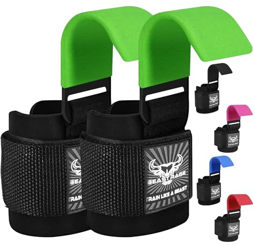 BEAST RAGE Ganchos para levantamiento de pesas, correas de muñeca de neopreno grueso acolchado con revestimiento de goma, antideslizantes, levantamiento de peso, entrenamiento, gimnasio,