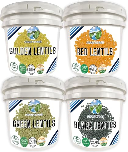 Clear Creek 100 LB Lentil Bundle: Beluga Lentils, Gold Lentils, Green Lentils, Red Lentils in 25 LB Buckets